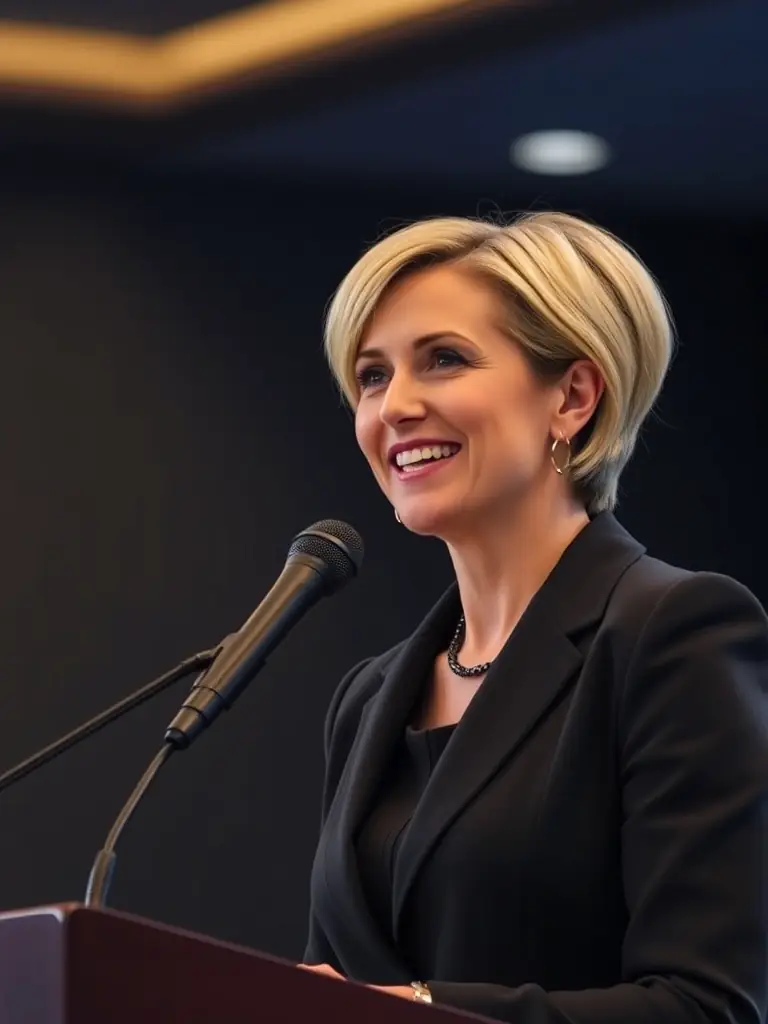 A professional headshot of a smiling woman with short blonde hair, wearing a business suit, speaking at a conference, with a microphone in front of her.