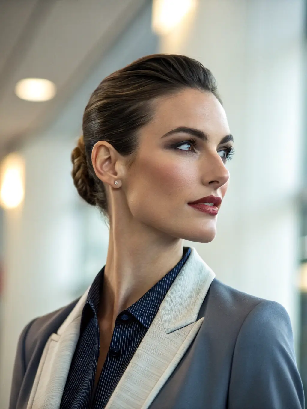 A professional headshot of a woman with long brown hair, wearing a stylish dress, participating in a panel discussion at a business conference.