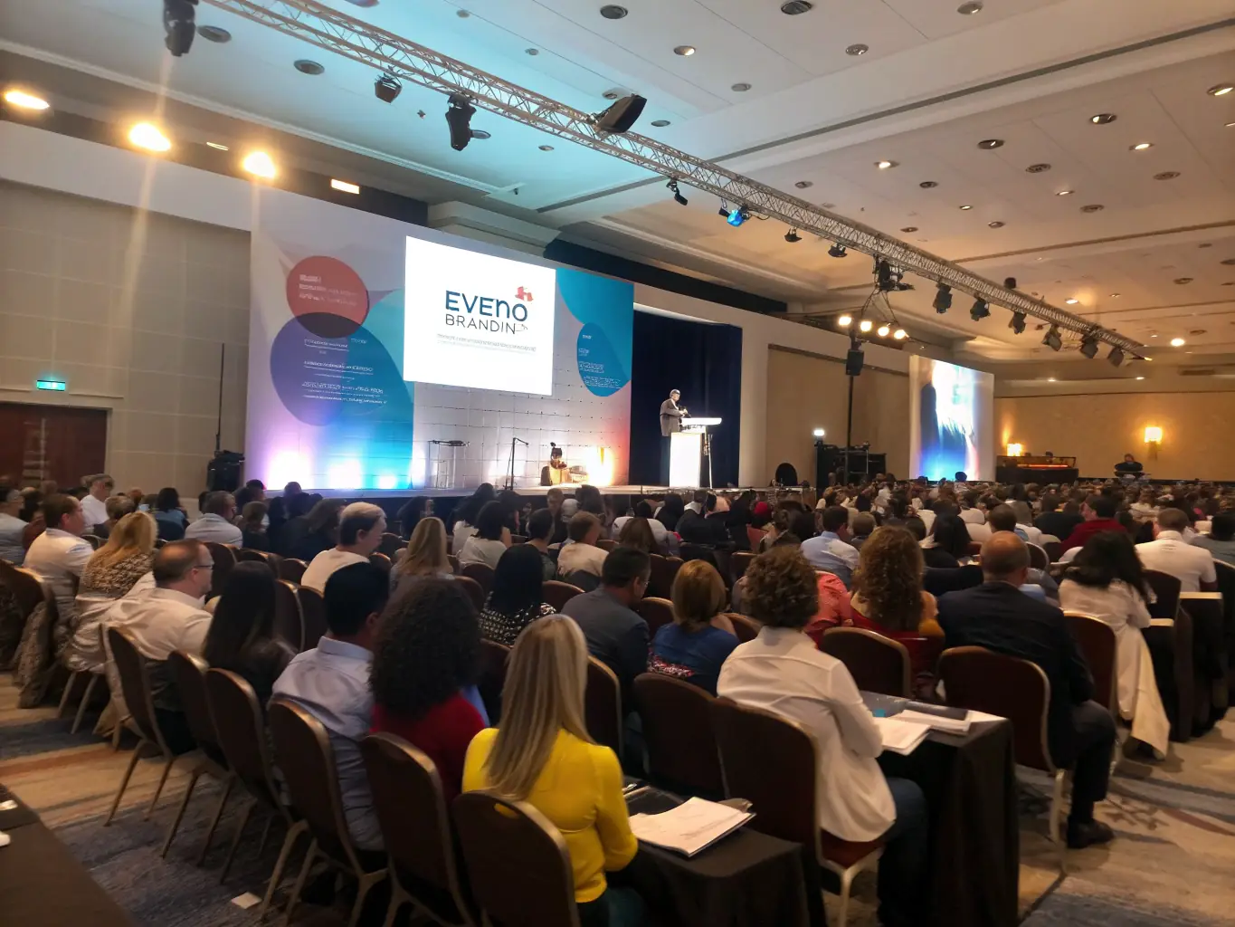 A photograph of a conference hall during a keynote speech, capturing the speaker on stage and the engaged audience.