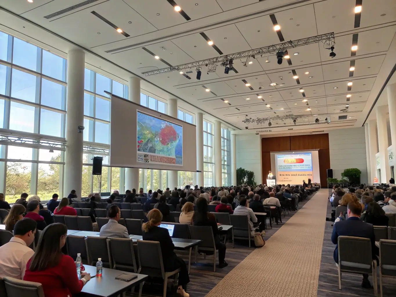 A modern conference hall with attendees networking and a speaker on stage presenting at the 'Future of Tech' conference in London.