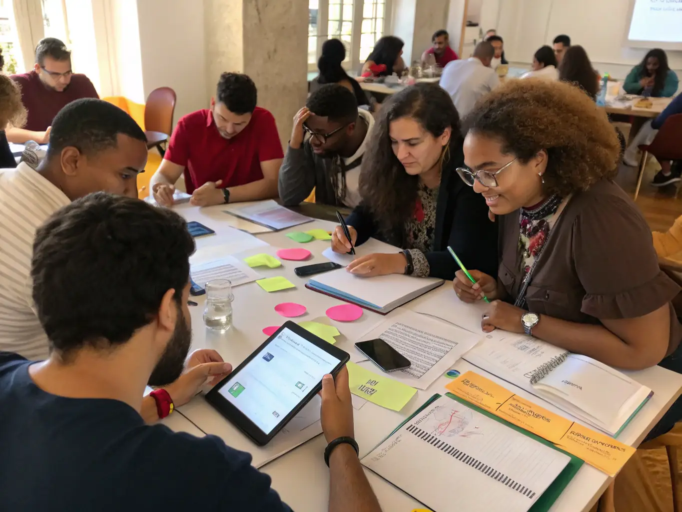 A photograph of attendees actively participating in a workshop session, showing hands-on learning and collaboration.